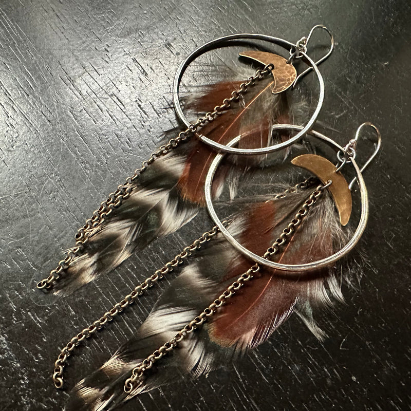 HERA GODDESS Feather Earrings: Medium Silver Hoops, Brass Moons, Earth tone Feathers