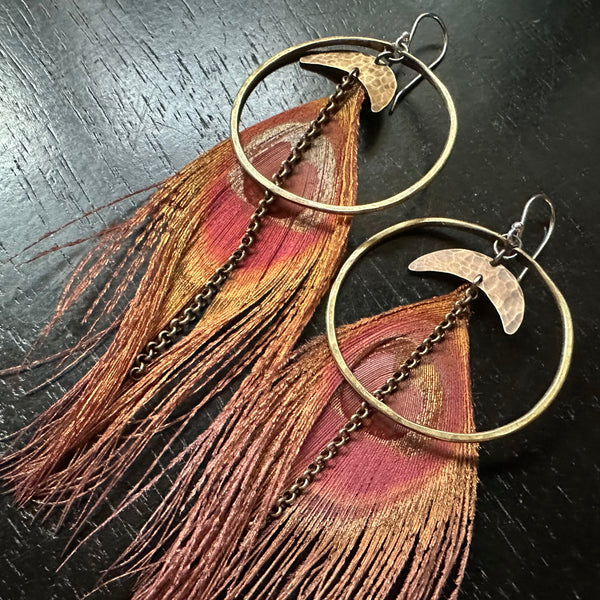 HERA GODDESS Feather Earrings: Medium Brass Hoops/Moons, FALL-RED Peacock Feathers