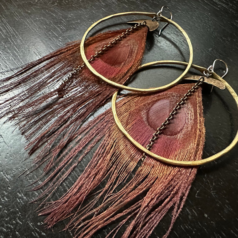 HERA GODDESS Feather Earrings: Large Brass Hoops/Moons, Fall BURGUNDY Peacock Feathers