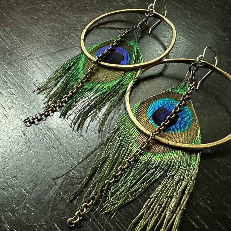 HERA GODDESS Feather Earrings: Medium Brass Hoops, Standard Peacock Feathers