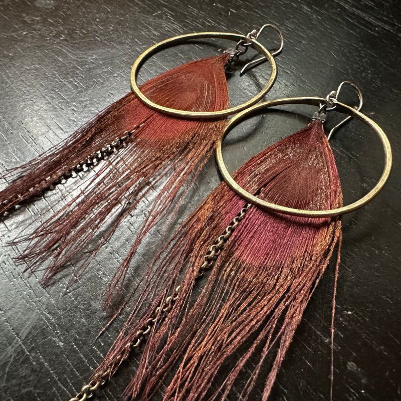 HERA Feather Earrings: Medium Brass Hoops, Reddish-Brown Peacock Feathers and chains