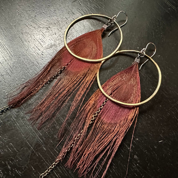 HERA Feather Earrings: Medium Brass Hoops, Reddish-Brown Peacock Feathers and chains