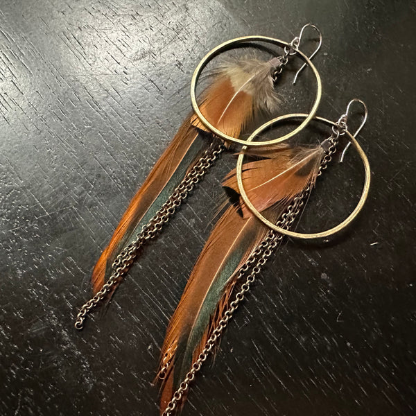 Medium Brass Hoops with Orange/Brown Feathers OOAK