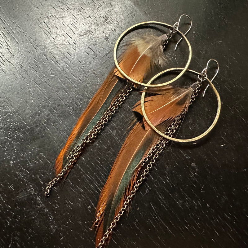 Medium Brass Hoops with Orange/Brown Feathers OOAK