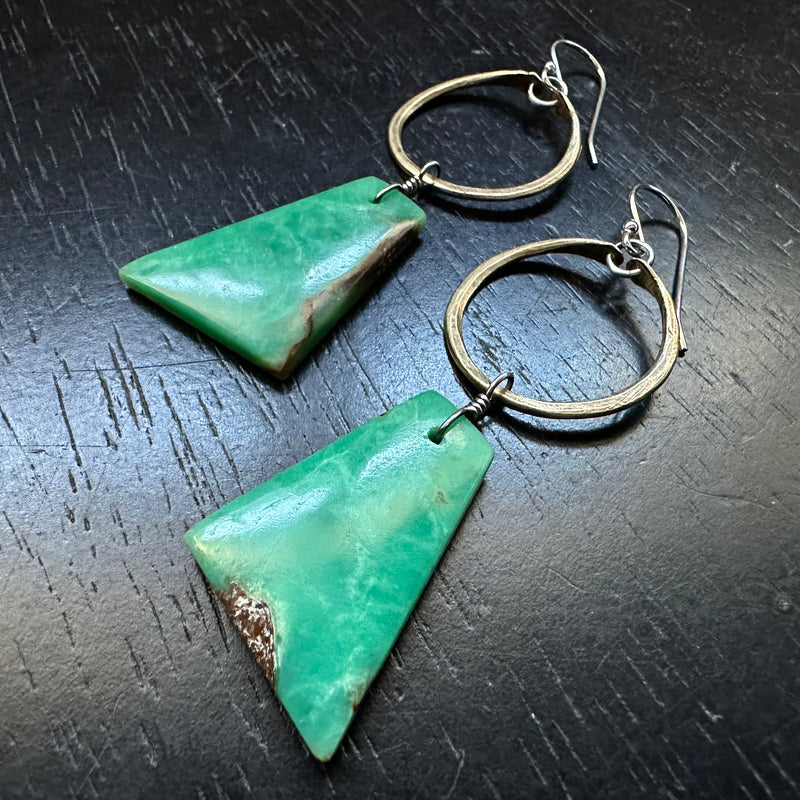 NEW #2 Bookmatched Chrysoprase TrapezoiDangles in Tiny Brass Hoops OOAK #2