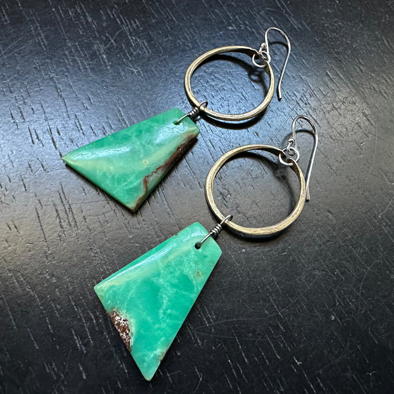 NEW #2 Bookmatched Chrysoprase TrapezoiDangles in Tiny Brass Hoops OOAK #2