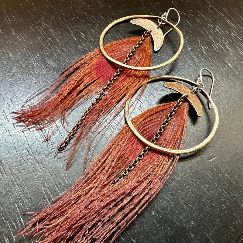 PRIVATE LISTING FOR KATIE: Red Hera Feather Earrings with Medium Brass Hoops