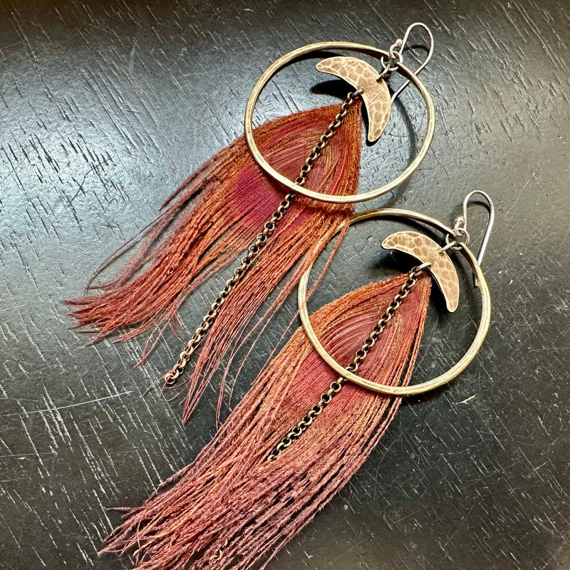 PRIVATE LISTING FOR KATIE: Red Hera Feather Earrings with Medium Brass Hoops