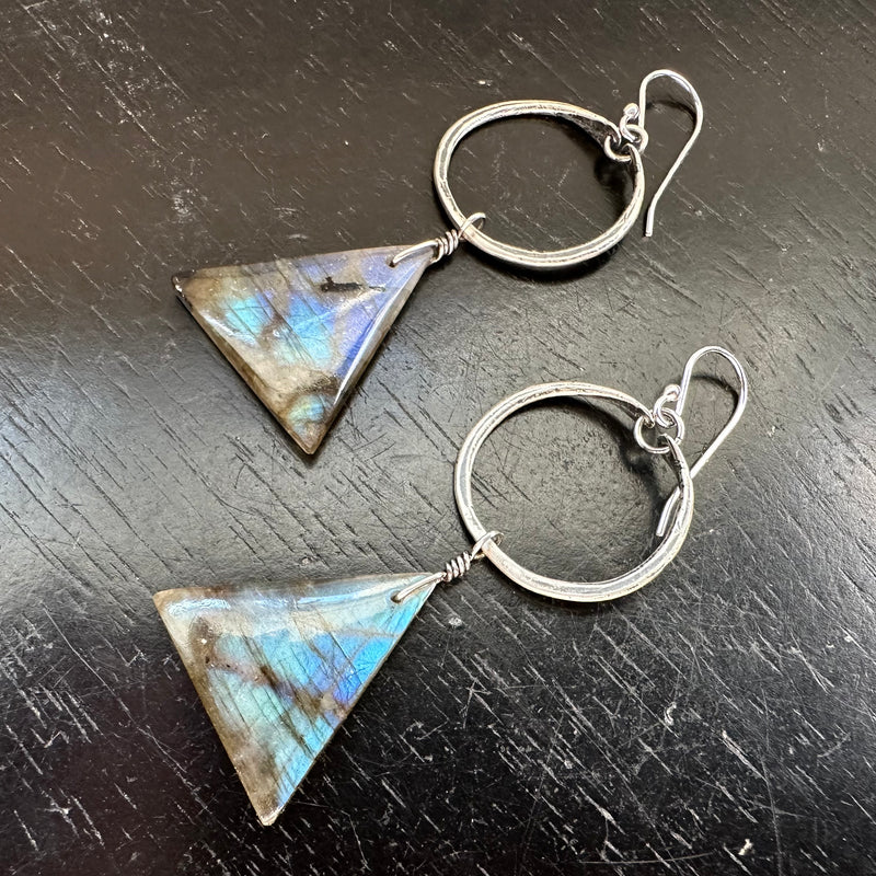 NEW #12 Bookmatched Rainbow Labradorite Triangledangles / Tiny Silver Hoops OOAK #12