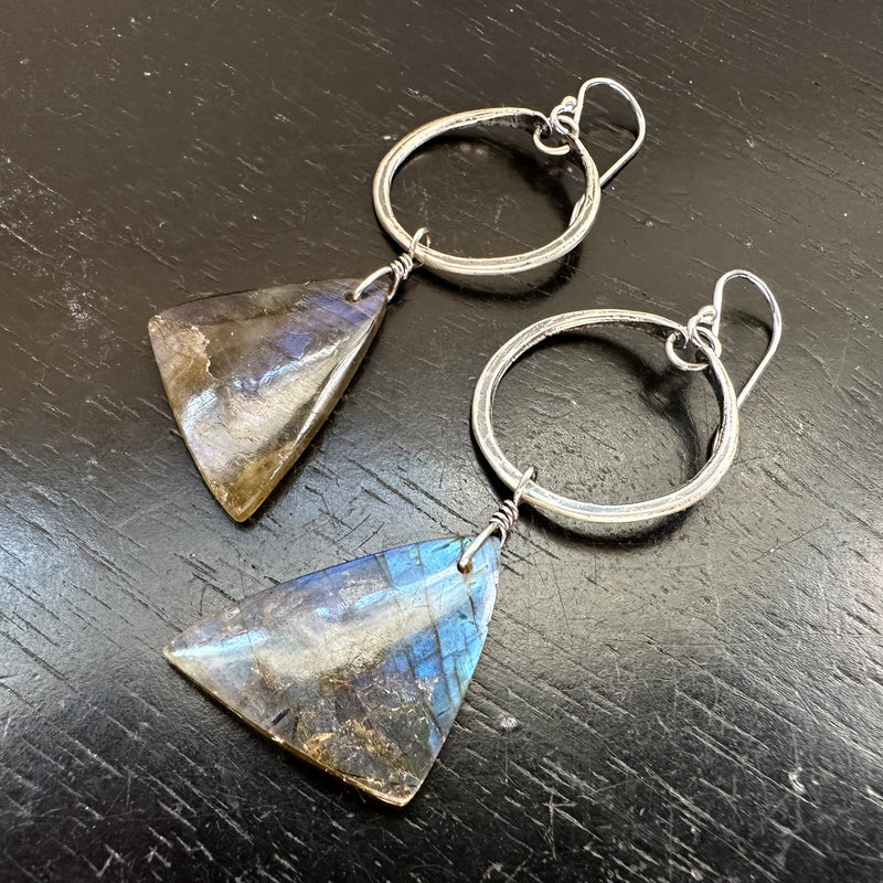 NEW #13 Bookmatched Rainbow Labradorite Triangledangles / Tiny Silver Hoops OOAK #13