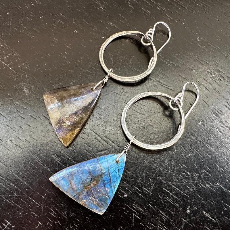 NEW #13 Bookmatched Rainbow Labradorite Triangledangles / Tiny Silver Hoops OOAK #13