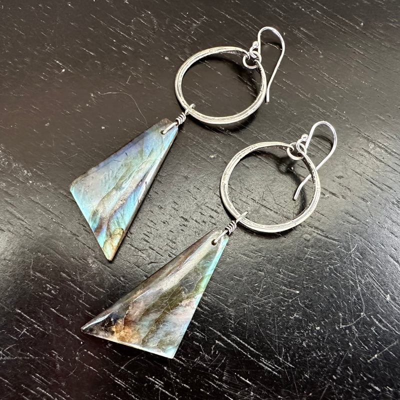 NEW #10 Bookmatched Rainbow Labradorite Triangledangles / Tiny Silver Hoops OOAK #10