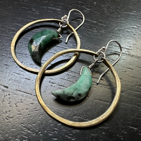 Emerald Crescent Moon Earrings in Small Brass Hoops