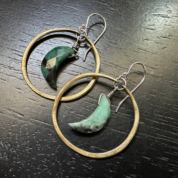 Emerald Crescent Moon Earrings in Small Brass Hoops