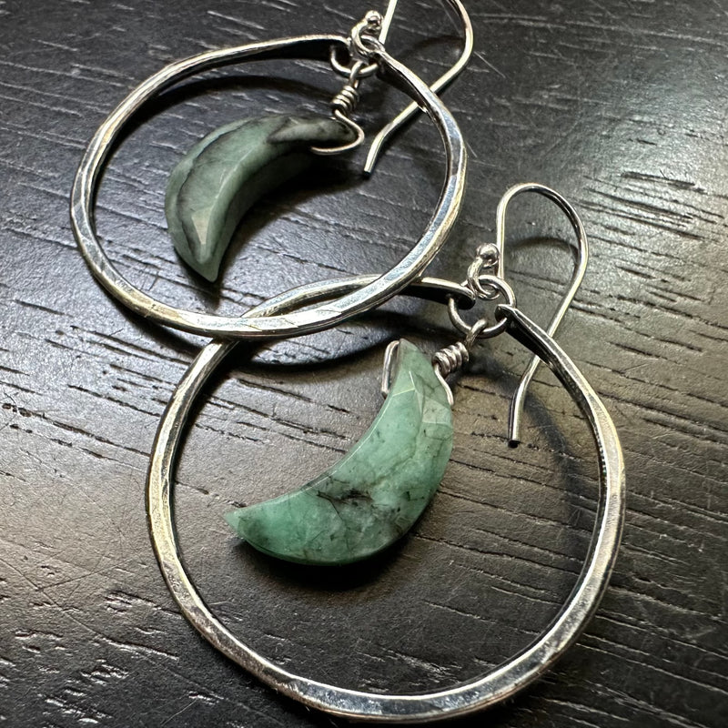 Emerald Crescent Moon Earrings in Small Silver Hoops