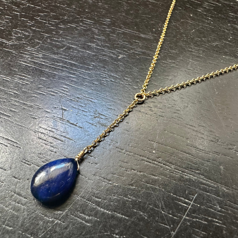 September Faceted Blue Teardrop Sapphire Gold "Y" Necklace