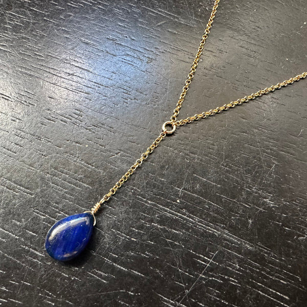 September Faceted Blue Teardrop Sapphire Gold "Y" Necklace