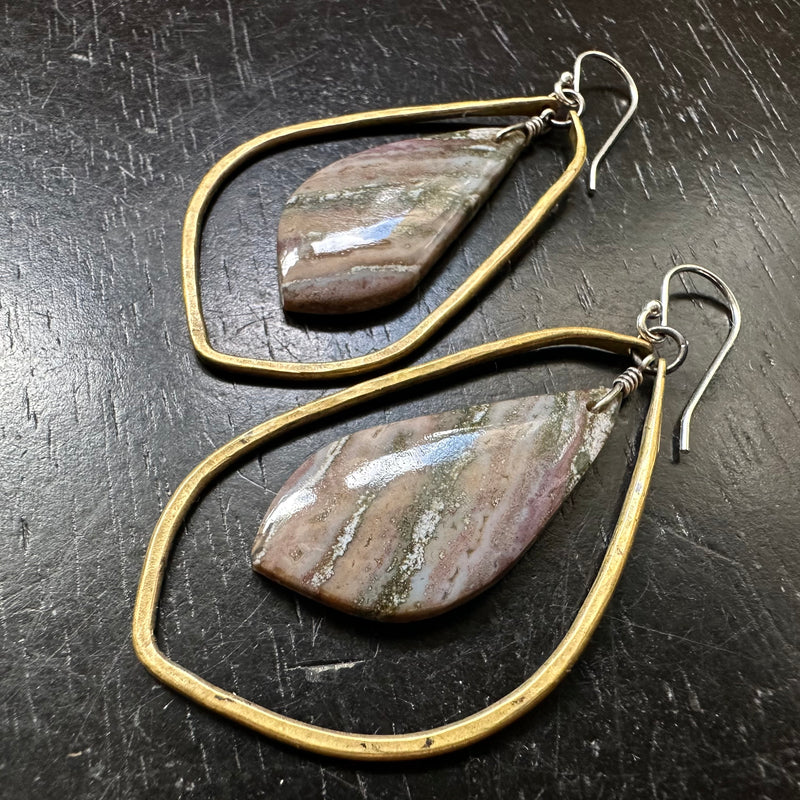 Ocean Jasper Triangles in Medium Brass Contoured Hoops #23