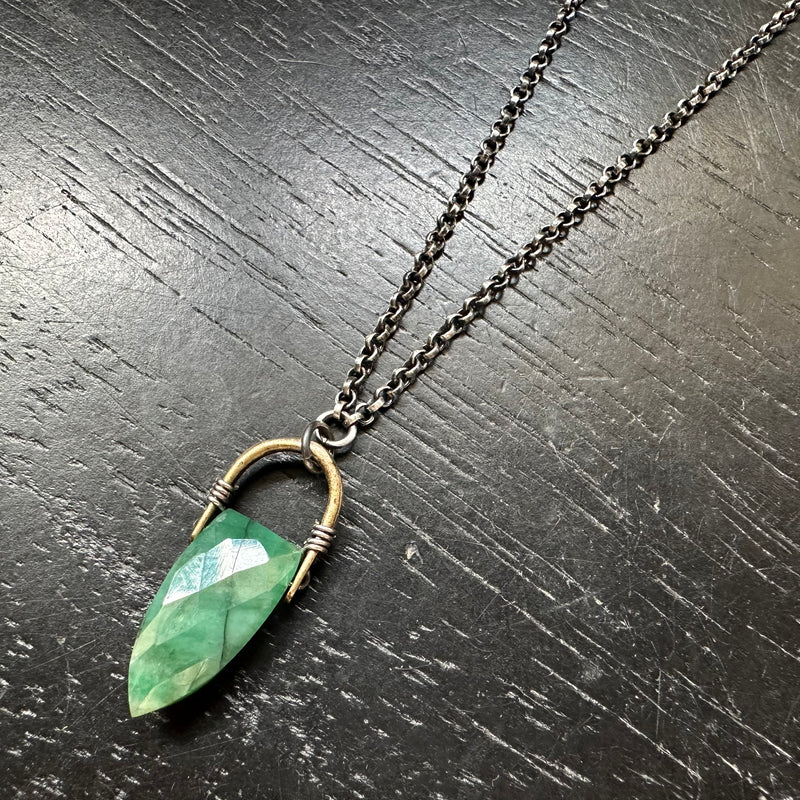 Emerald Faceted Spear Briolette Brass Taliswoman, Sterling Silver Necklace