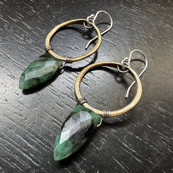 Emerald Faceted Spear Briolettes, Tiny Brass Hoops