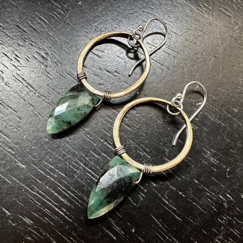 Emerald Faceted Spear Briolettes, Tiny Brass Hoops