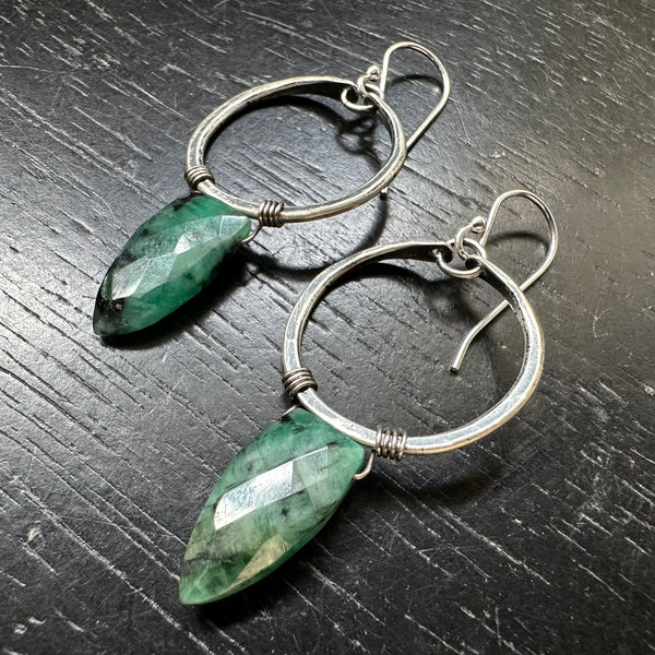 Emerald Faceted Spear Briolettes, Tiny Sterling Silver Hoops