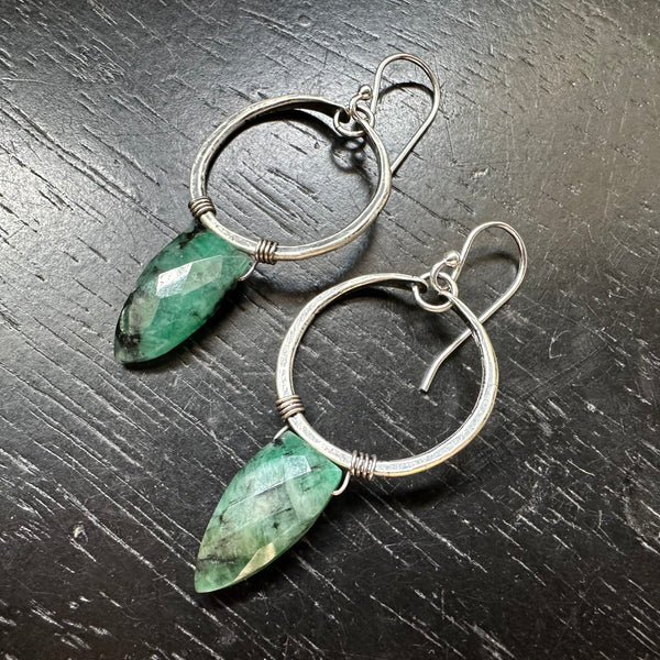 Emerald Faceted Spear Briolettes, Tiny Sterling Silver Hoops