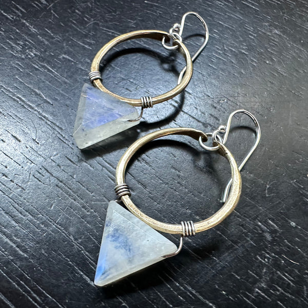 Moonstone Faceted TRIANGLE-Dangles, Tiny Brass Hoops
