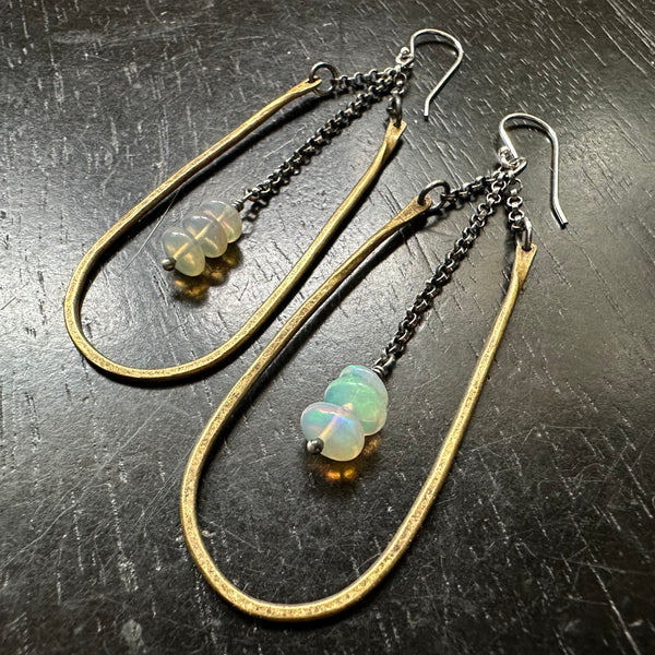 MEDIUM HESTIA EARRINGS: BRASS with Smooth OPALS (OCTOBER BIRTHSTONE)