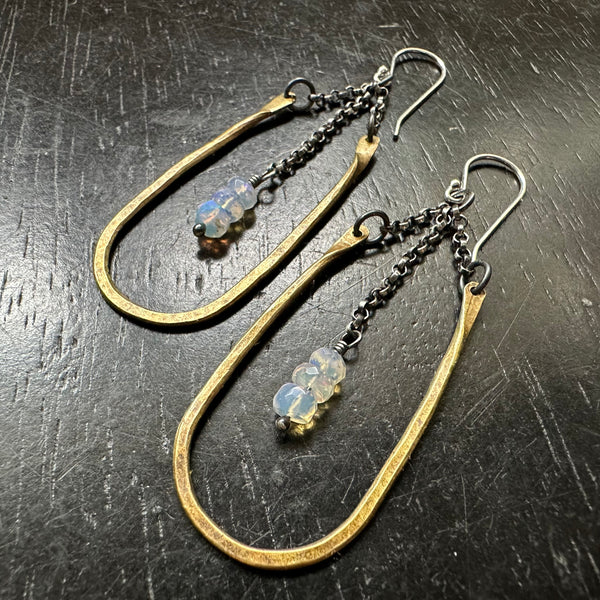 SMALL HESTIA EARRINGS: BRASS with Smooth OPALS (OCTOBER BIRTHSTONE)