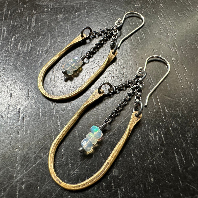 TINY HESTIA EARRINGS: BRASS with TINY Faceted OPALS (OCTOBER BIRTHSTONE)