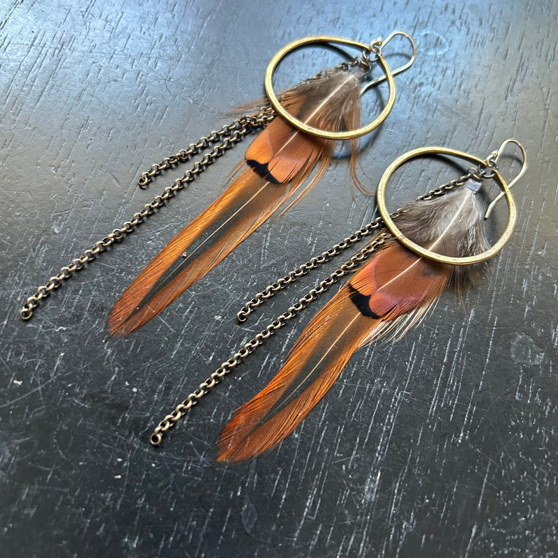 2025 FEATHERS! #3 SMALL Brass Hoops, Tans/Rusty Brown/Black Feather Accents, Brass Chains! OOAK#3