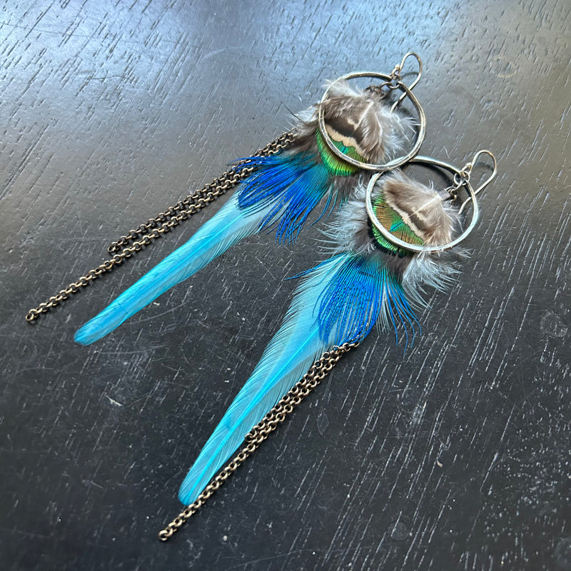 2025 FEATHERS! #2 SM Silver Hoops, BRIGHT Blues, Fluffy Parrot Feather Accents, Brass Chains! OOAK#2