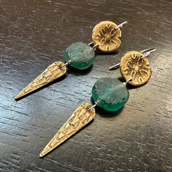 Roman Glass Sand Dollar Brass and Spear Earrings