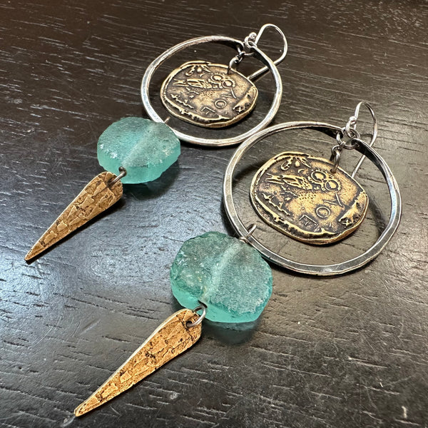 Silver Hoops with Athena's Owls, Roman Glass and Spears