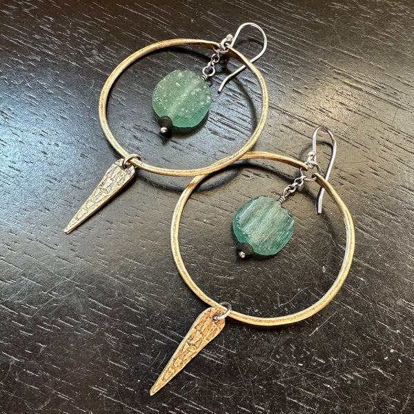 Medium Brass Hoops with Roman Glass and Textured Spears