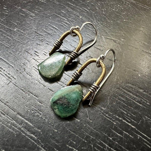 Tiny Brass Taliswoman Earrings with Raw Emeralds