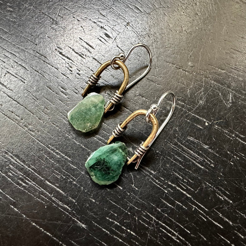 Tiny Brass Taliswoman Earrings with Raw Emeralds