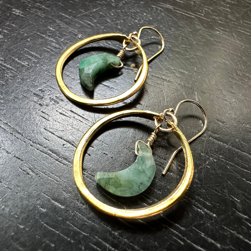 Faceted Emerald Crescent Moons in Tiny 24K Gold Hoops