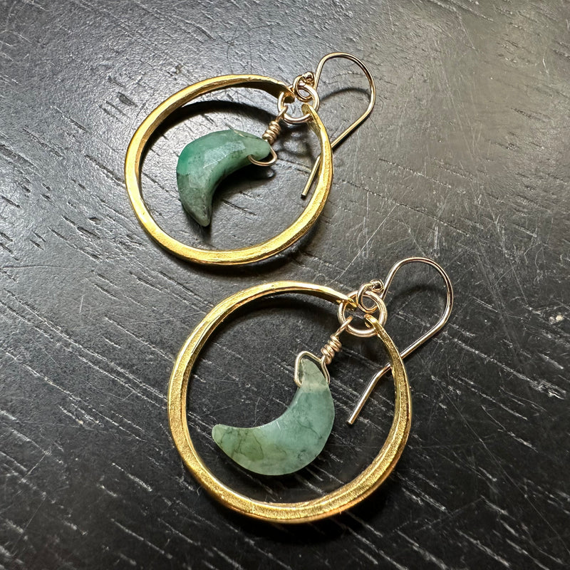 Faceted Emerald Crescent Moons in Tiny 24K Gold Hoops