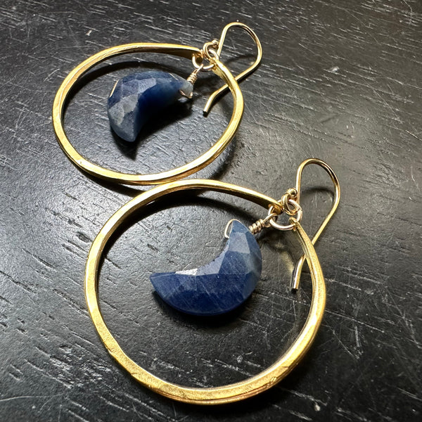 Faceted Crescent Sapphire Moons in Small 24K Gold Hoops