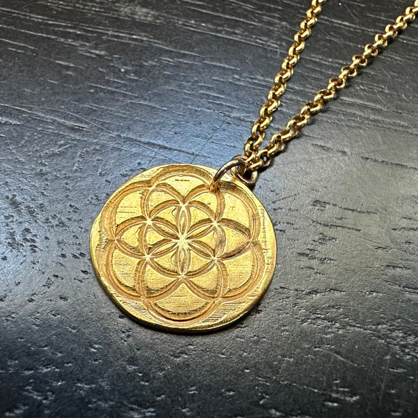 NEW! 24K GOLD SEED OF LIFE Medallion on 14K Gold fill chain