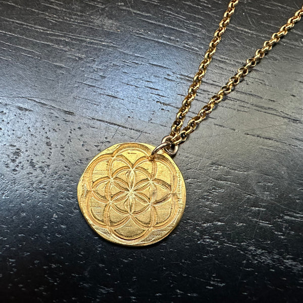 NEW! 24K GOLD SEED OF LIFE Medallion on 14K Gold fill chain