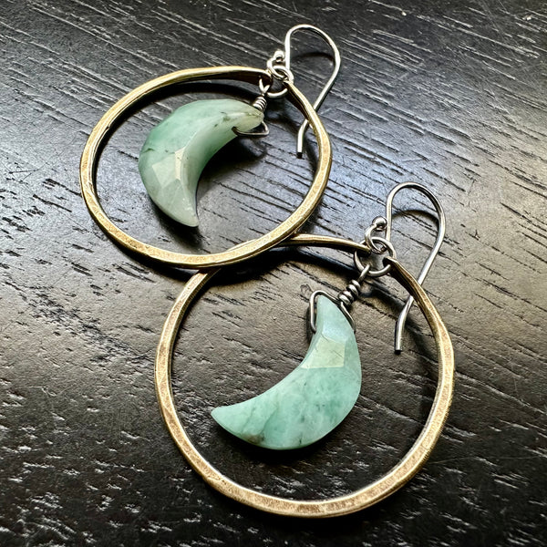 Emerald Crescent Moon Earrings in Small Brass Hoops