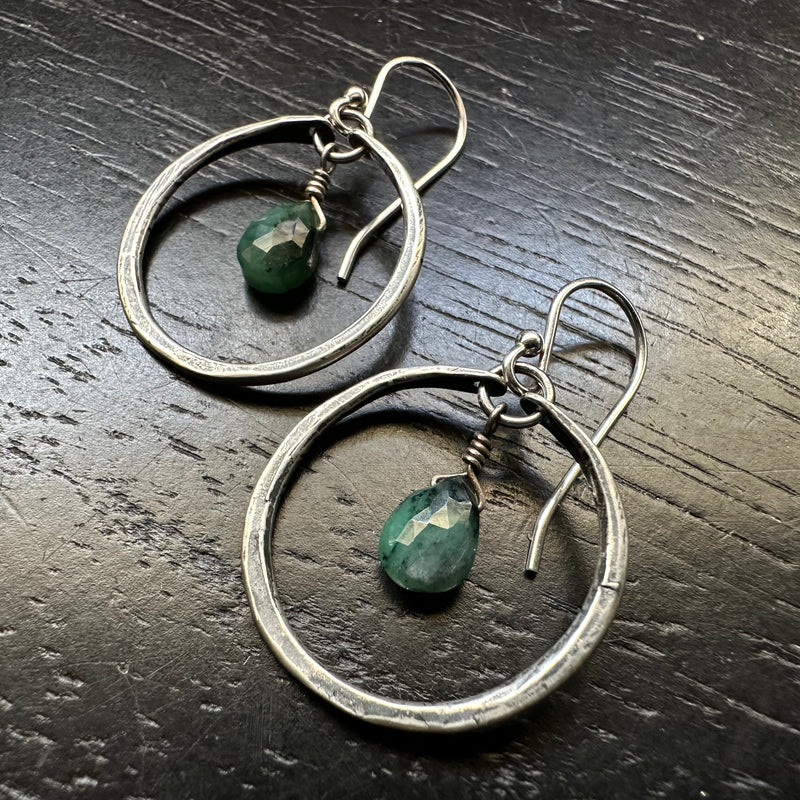 Tiny Silver Hoops with Teardrop Faceted Emeralds