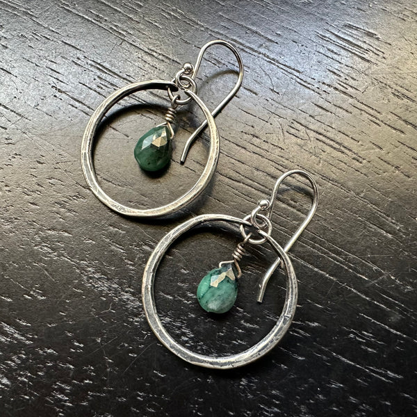 Tiny Silver Hoops with Teardrop Faceted Emeralds