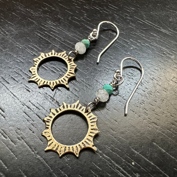 Brass Mini Eclipse Earrings with Turquoise and Moonstone