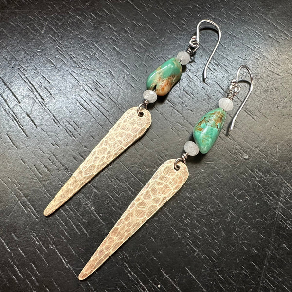 Brass Spear Earrings with Turquoise and Moonstone