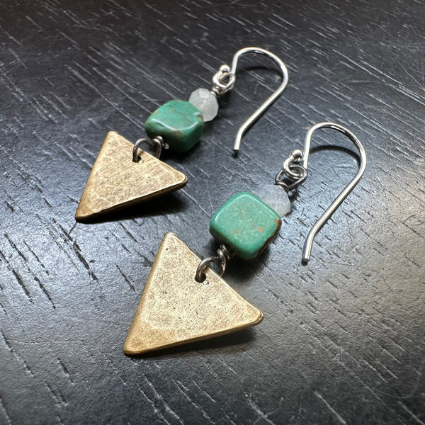 Tiny Brass Triangle Earrings with Turquoise and Moonstone