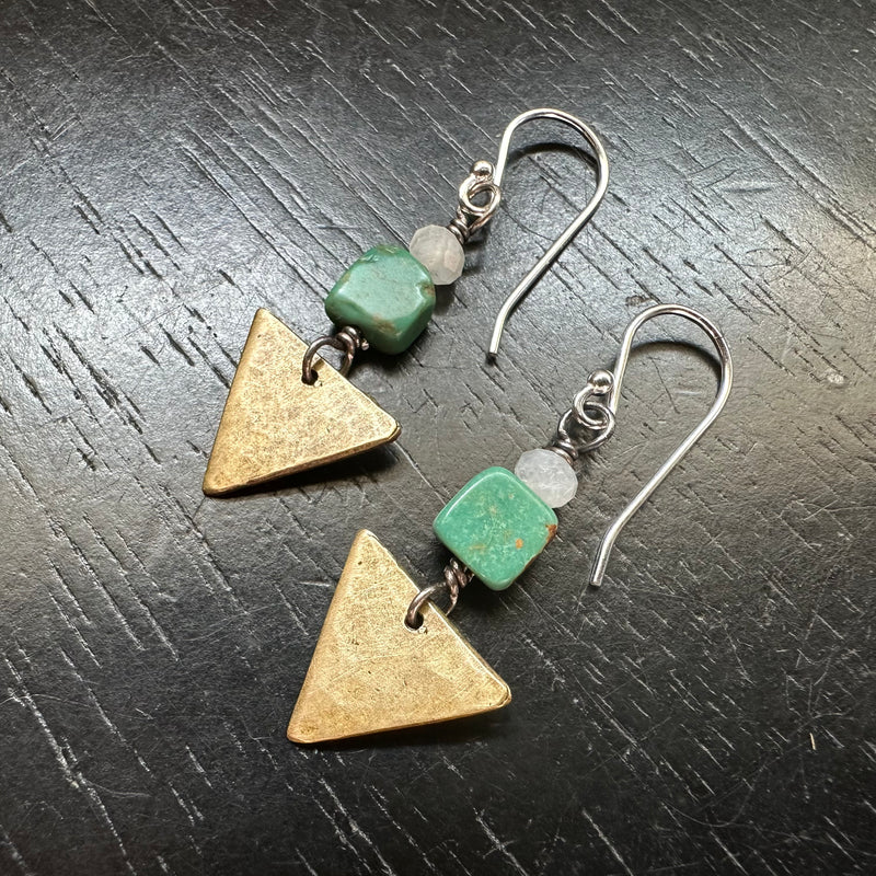 Tiny Brass Triangle Earrings with Turquoise and Moonstone